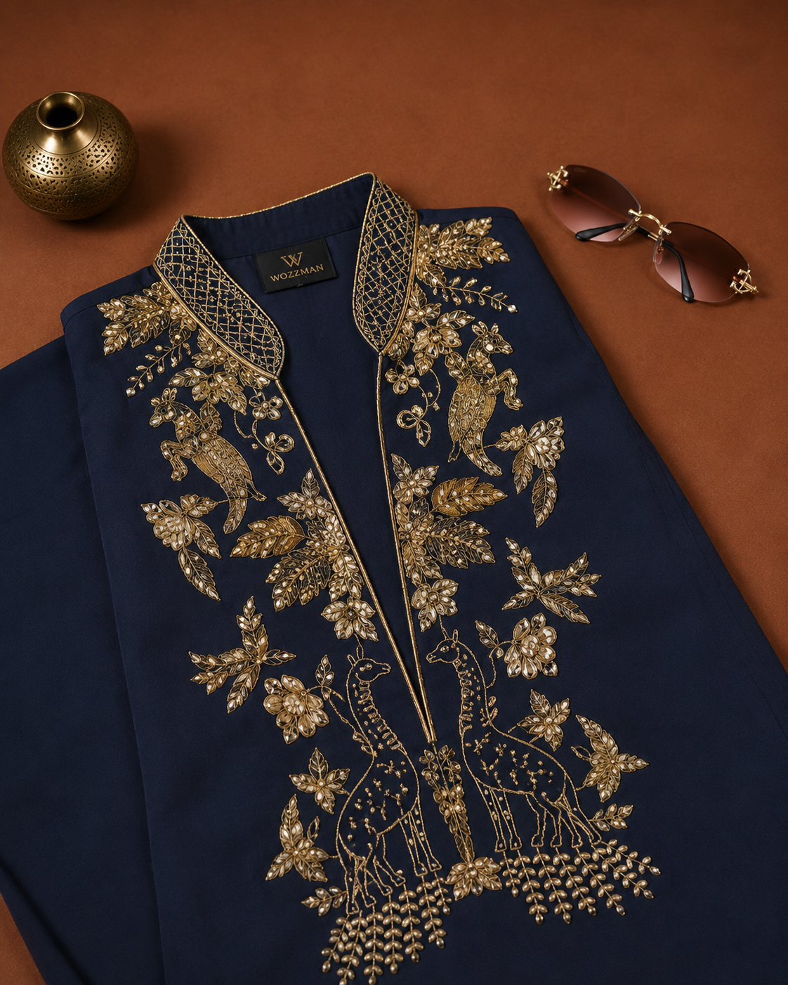 Men’s Navy Blue Embroidered Kurta | Gold Bird & Floral Motif
