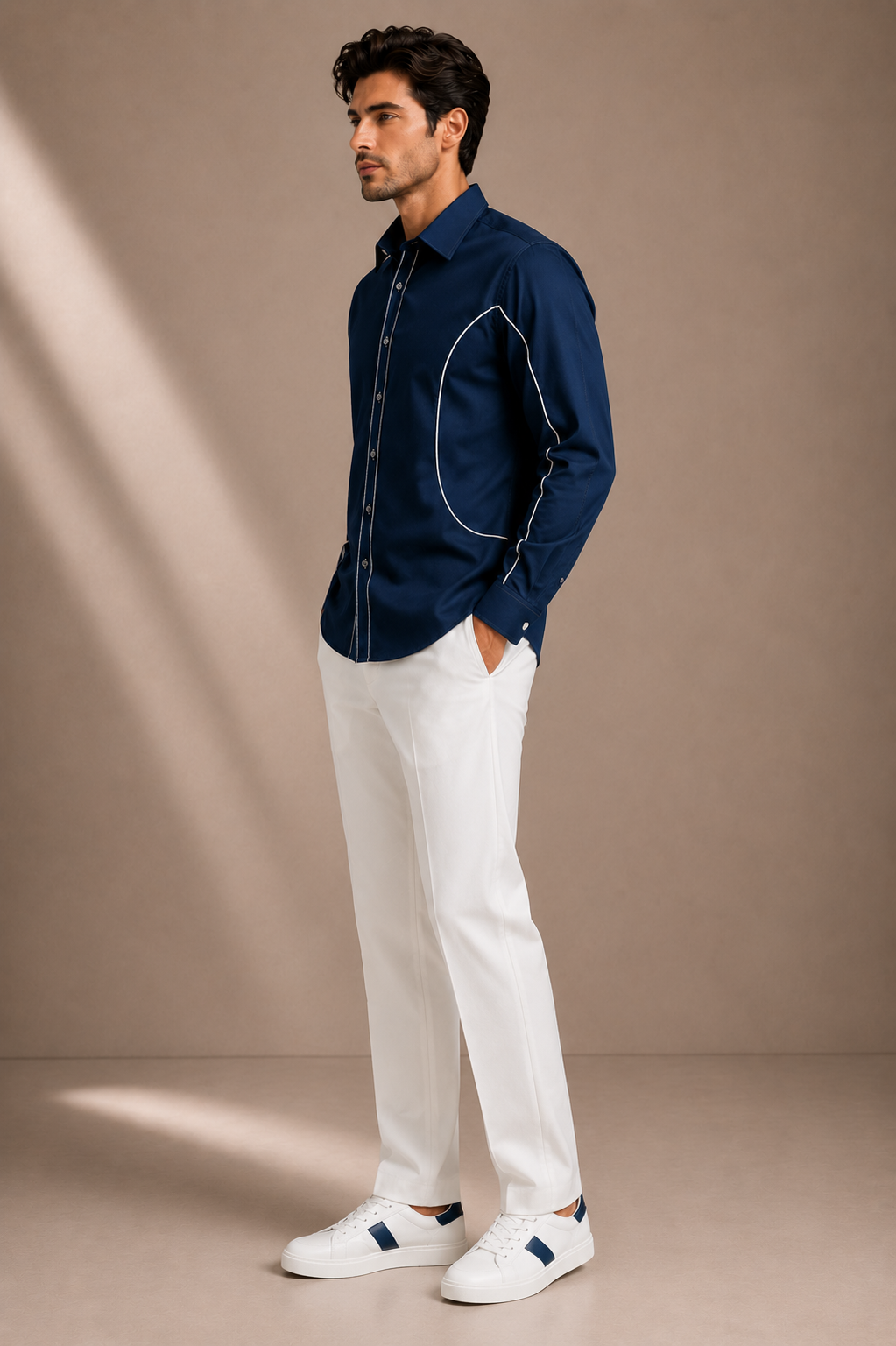 Men's Premium Navy Blue Contrast Piping Casual Shirt | Regular Fit Full Sleeve Shirt