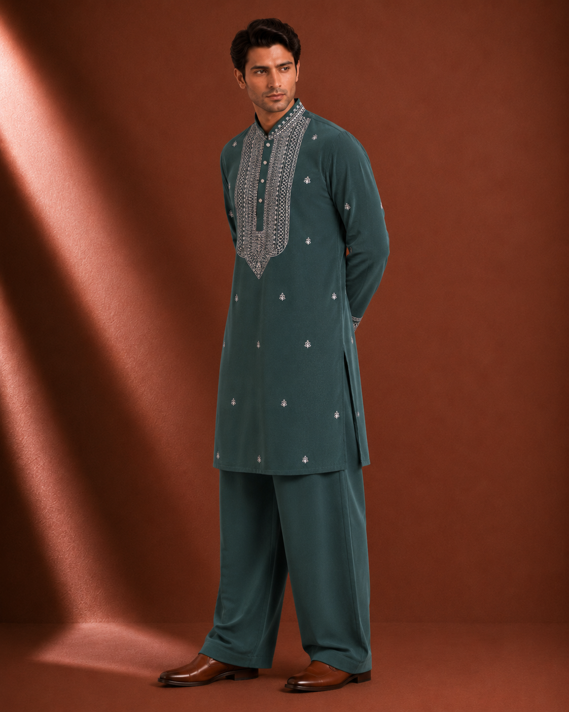 Men's Teal Green Embroidered Kurta | Premium Designer Ethnic Kurta for Wedding & Festive Wear