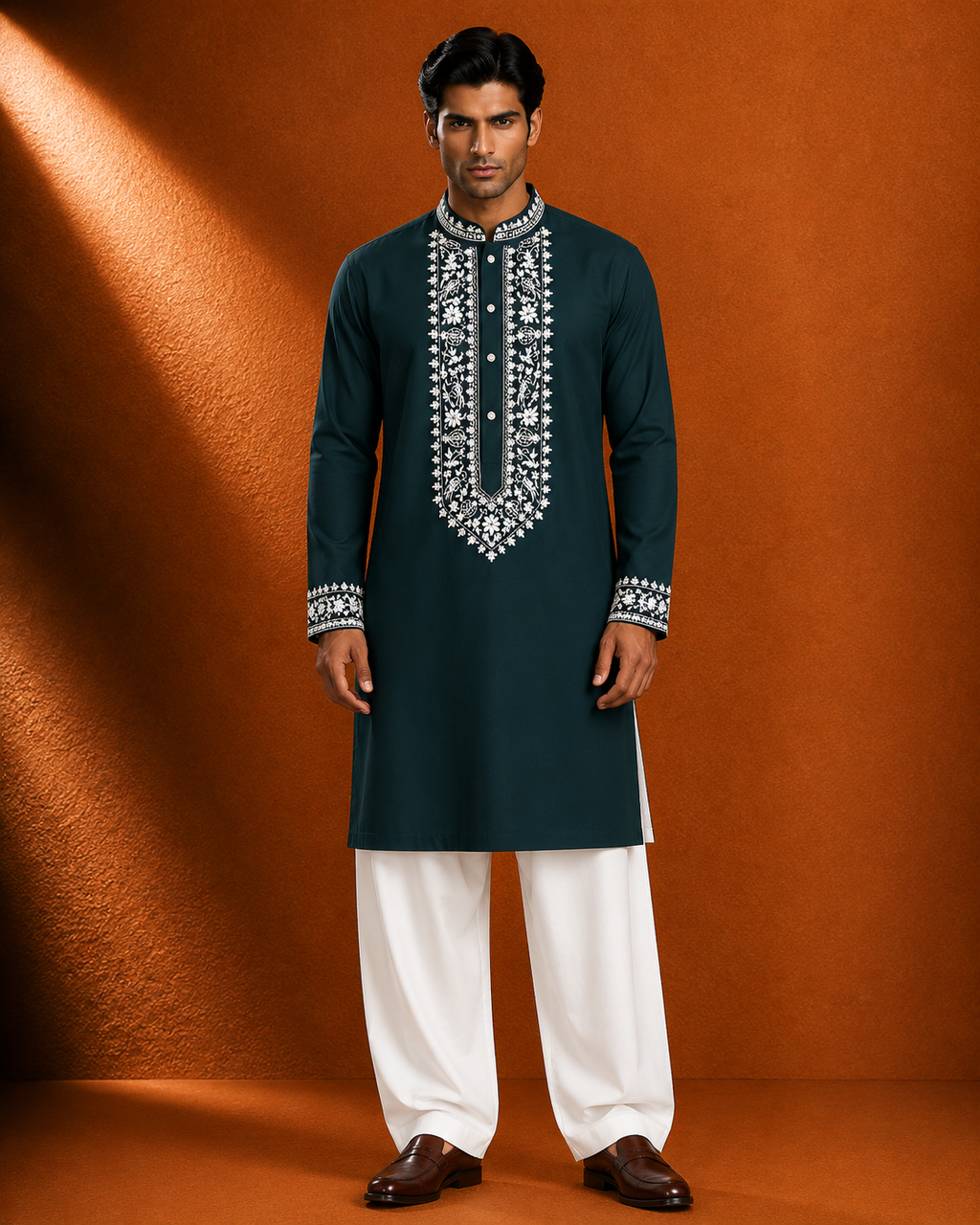 Men's Teal Green Embroidered Kurta | Premium Ethnic Wear for Festive & Wedding Occasions