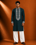 Men's Teal Green Embroidered Kurta | Premium Ethnic Wear for Festive & Wedding Occasions