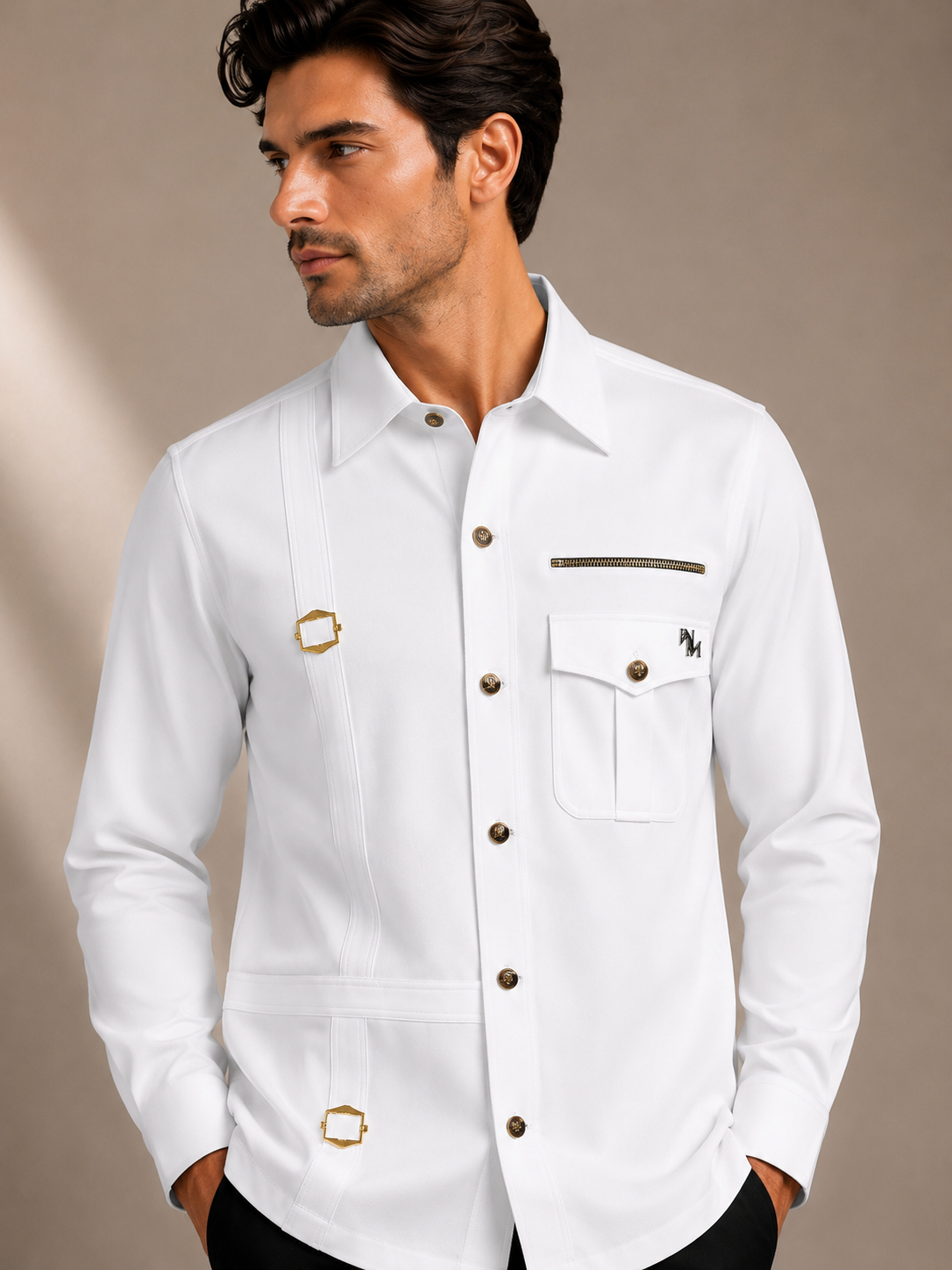 Men's White Utility Designer Shirt | Premium Full Sleeve Smart Casual Button-Down Shirt