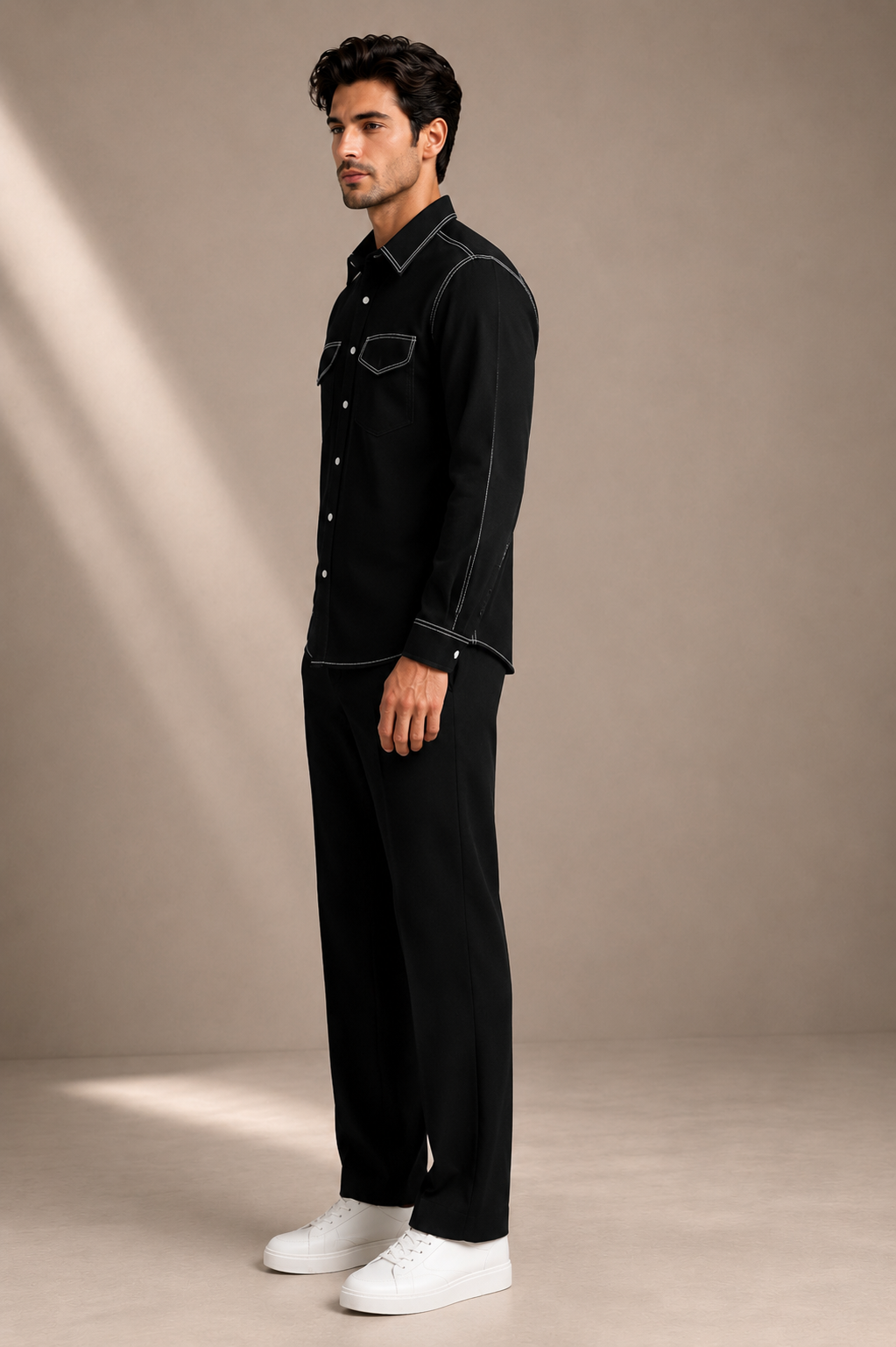 Men's Premium Black Contrast Stitch Casual Shirt | Regular Fit Full Sleeve Shirt