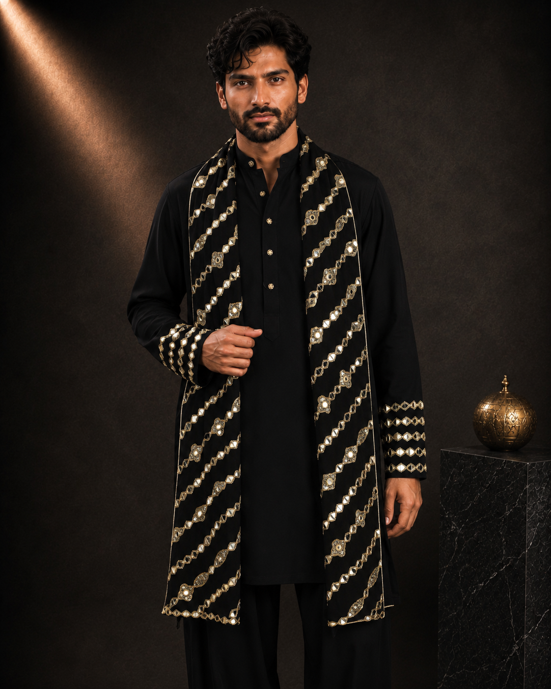Men’s Black Embroidered Kurta with Designer Stole | Festive & Wedding Wear