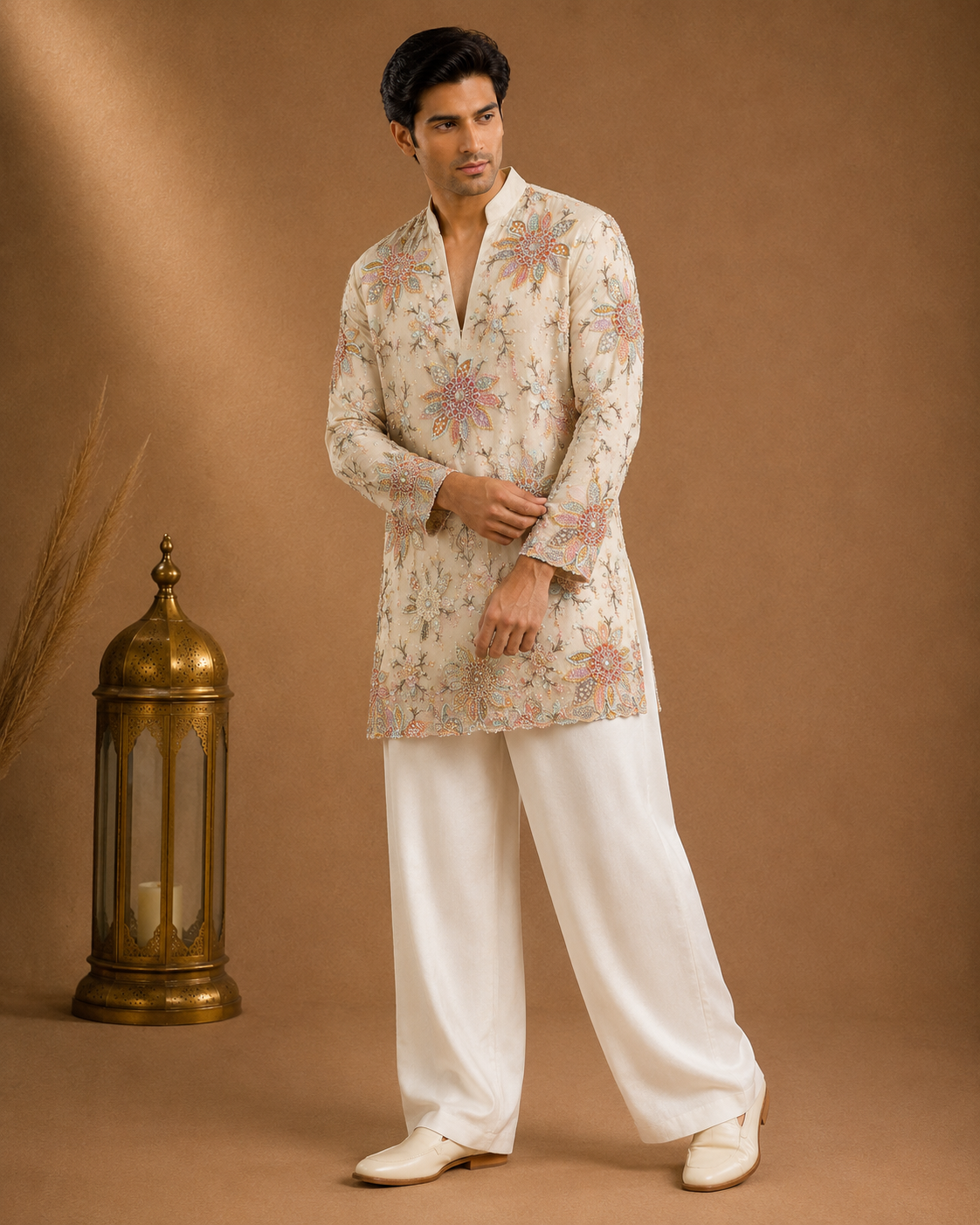 Key Features  Premium Quality Fabric  Elegant Cream Color  Intricate Floral Embroidery  Designer V-Neck Mandarin Collar  Full Sleeves  Straight Fit  Soft, Breathable & Comfortable  Perfect for Weddings, Eid, Diwali, Receptions & Festive Wear