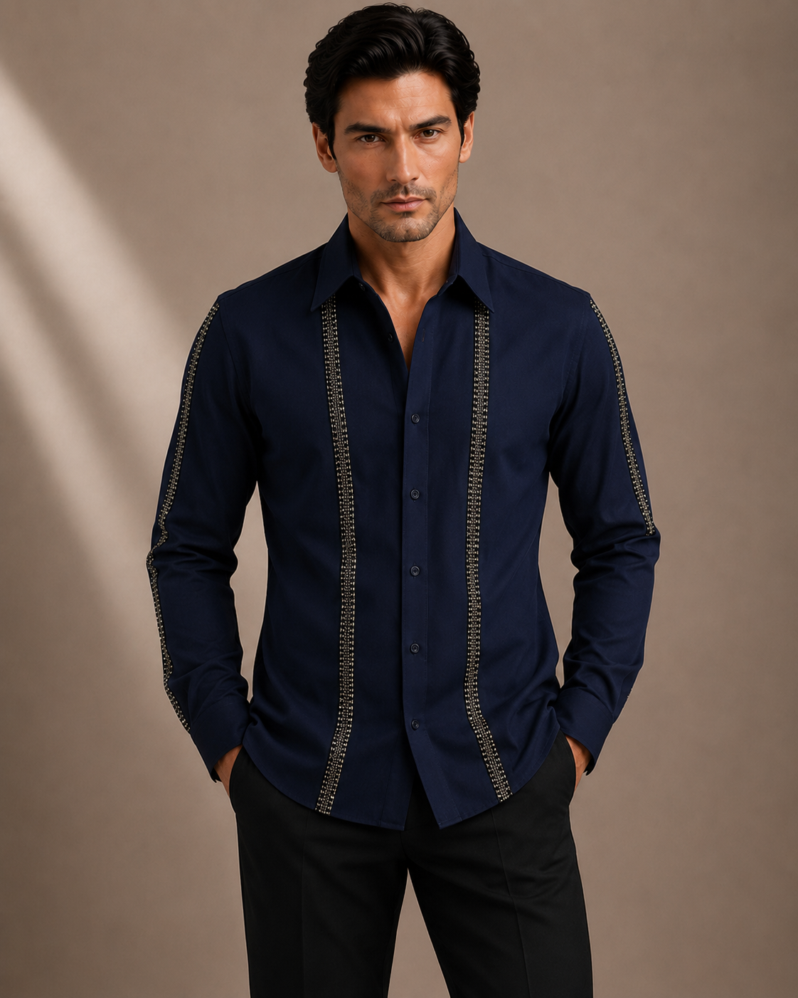Men's Navy Blue Premium Chain Detail Full Sleeve Shirt | Luxury Party Wear Designer Shirt for Men