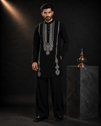 Black Embroidered Buttoned Kurta for Men | Festive & Wedding Wear