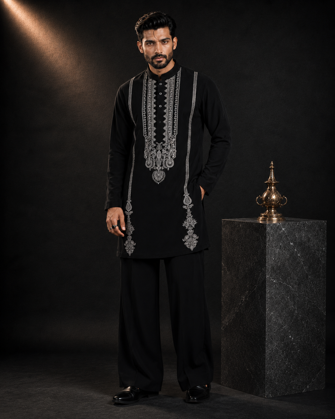 Black Embroidered Buttoned Kurta for Men | Festive & Wedding Wear
