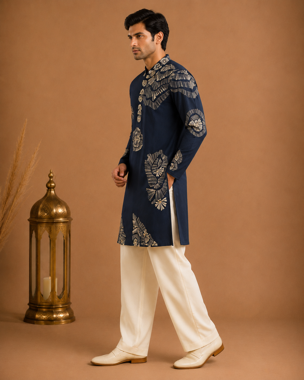Navy Blue Printed Kurta for Men | Designer Festive & Wedding Wear Ethnic Kurta