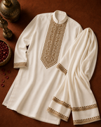 Off-White Gold Embroidered Kurta with Stole Set for Men | Groom & Wedding Festive Wear