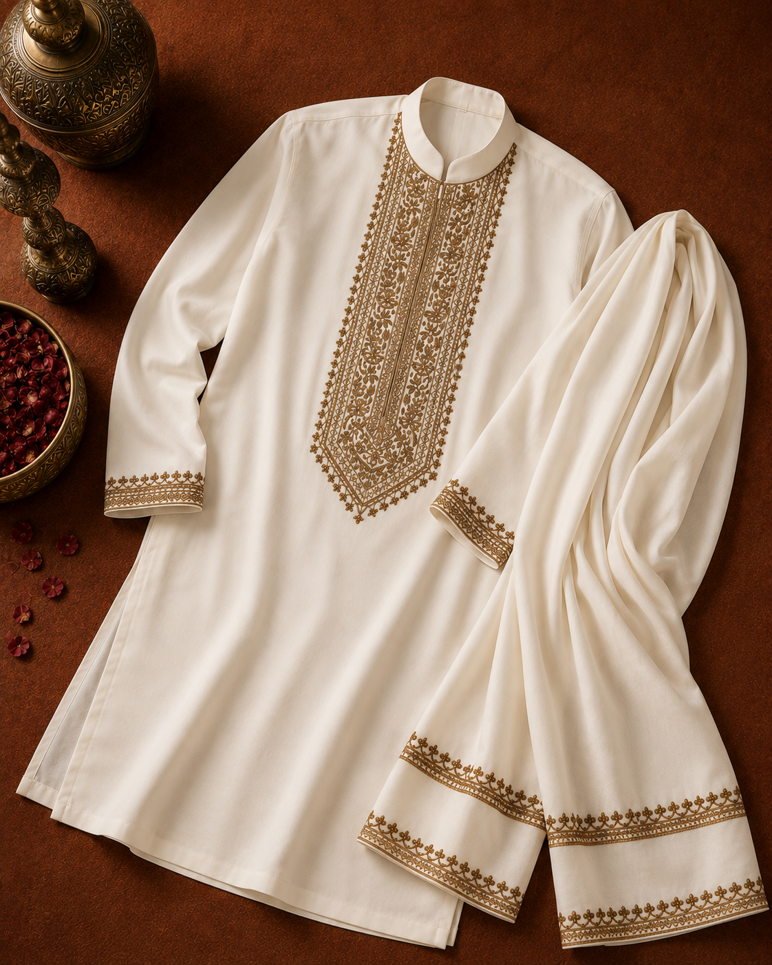 Off-White Gold Embroidered Kurta with Stole Set for Men | Groom & Wedding Festive Wear