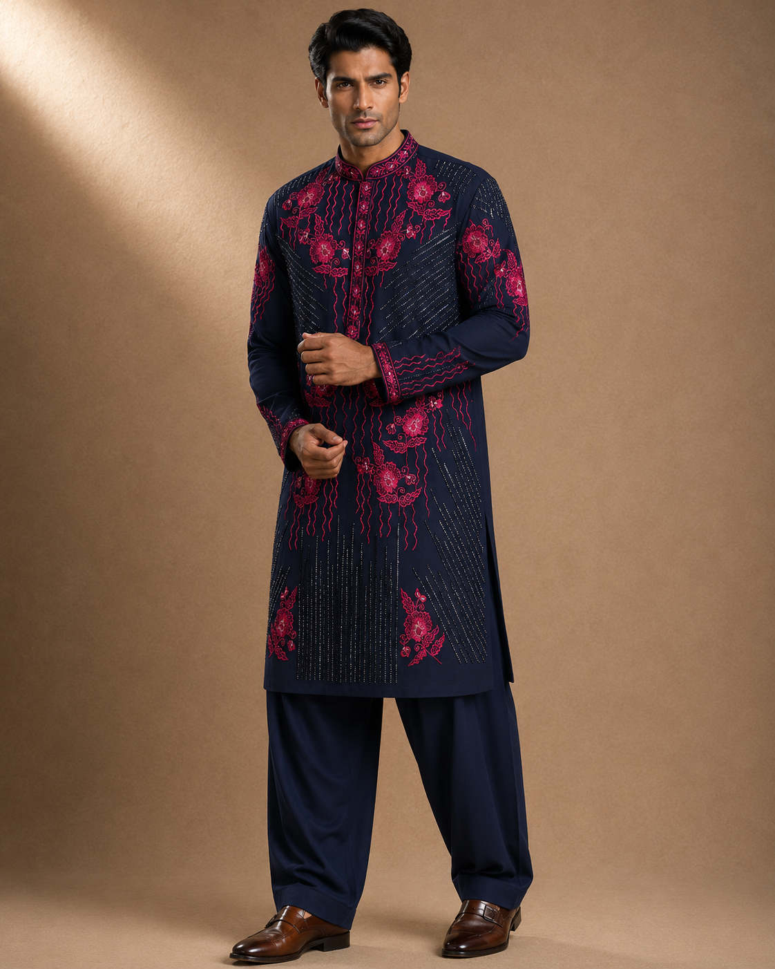 Navy Blue Embroidered Kurta for Men – Festive & Wedding Wear