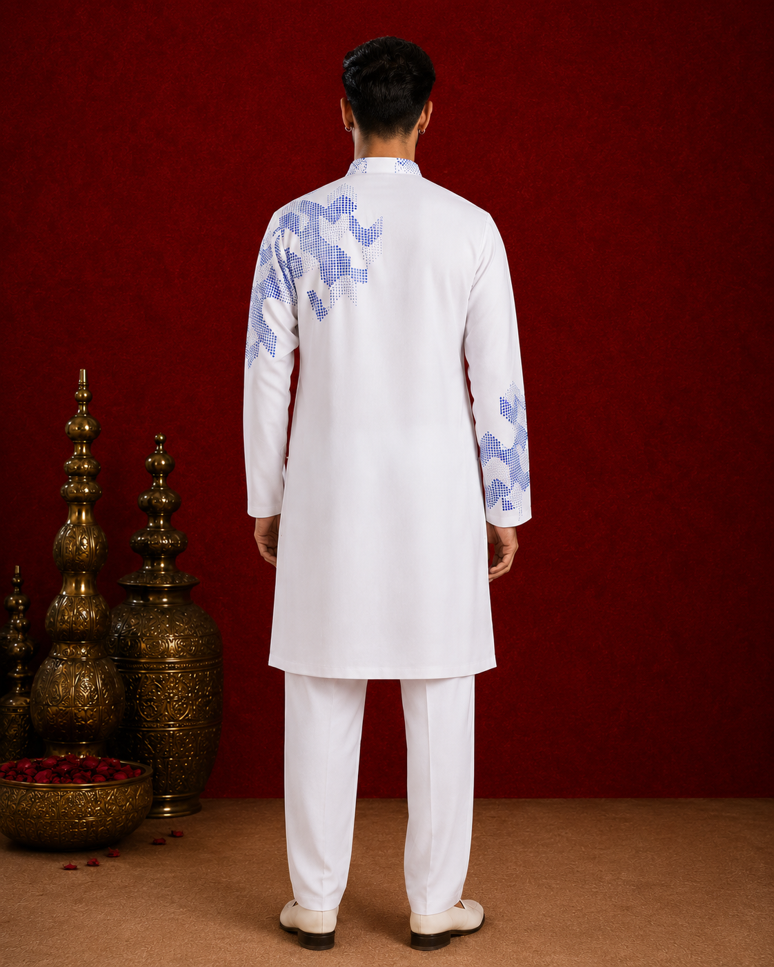 White Blue Geometric Embroidered Kurta for Men | Modern Festive & Occasion Wear