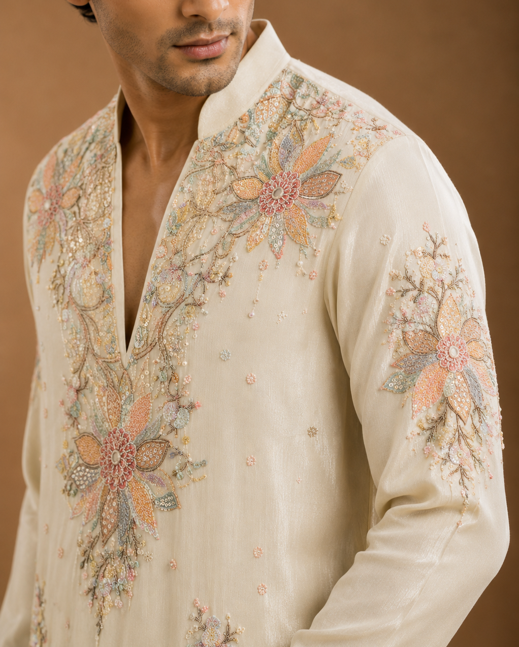 Cream Floral Embroidered Kurta for Men | Designer Wedding & Festive Wear Ethnic Kurta