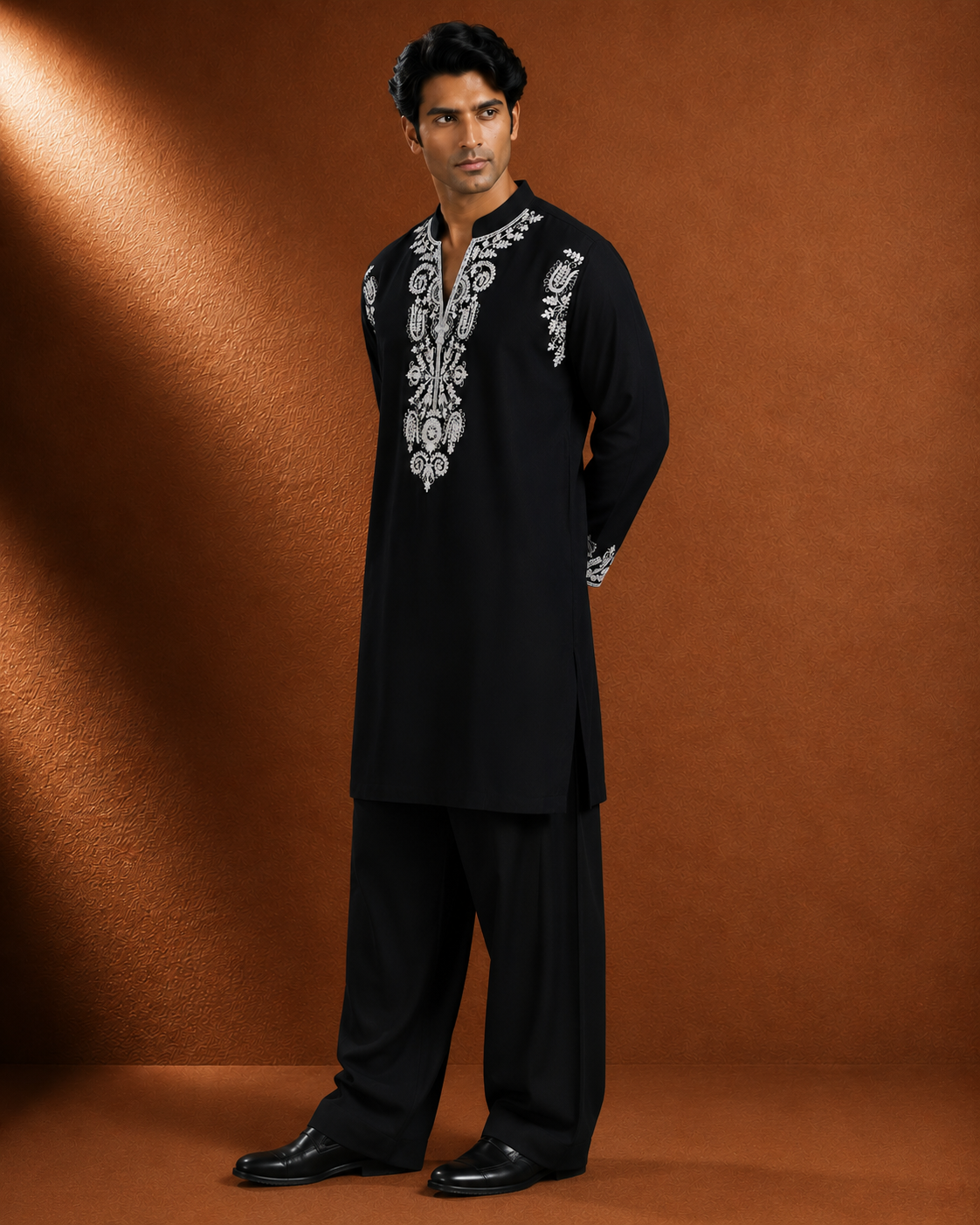 Men's Black Floral Embroidered Kurta | Premium Ethnic Wear for Festive & Wedding Occasions