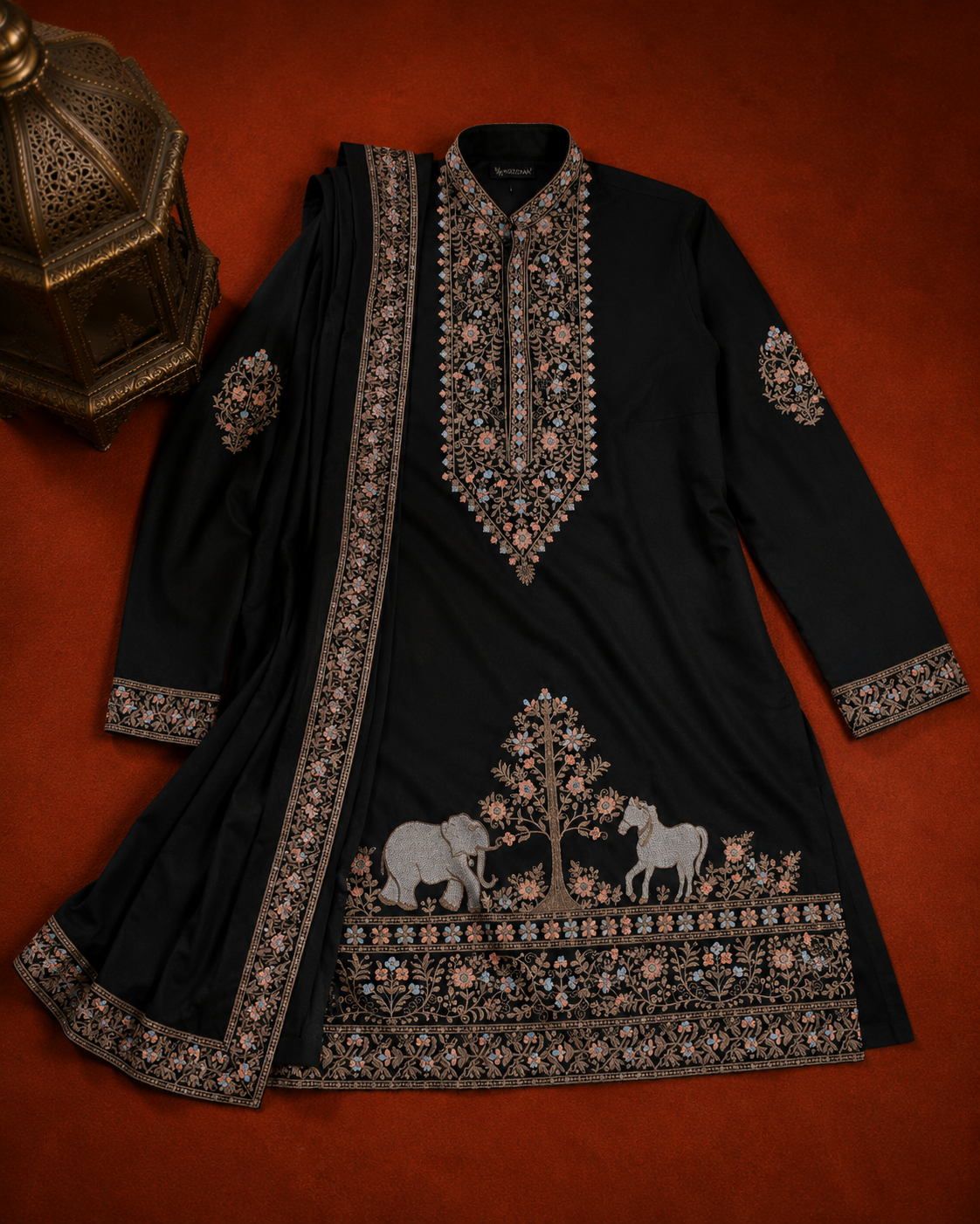 Men’s Black Embroidered Kurta with Printed Jacket & Dupatta | Premium Ethnic Wedding Wear
