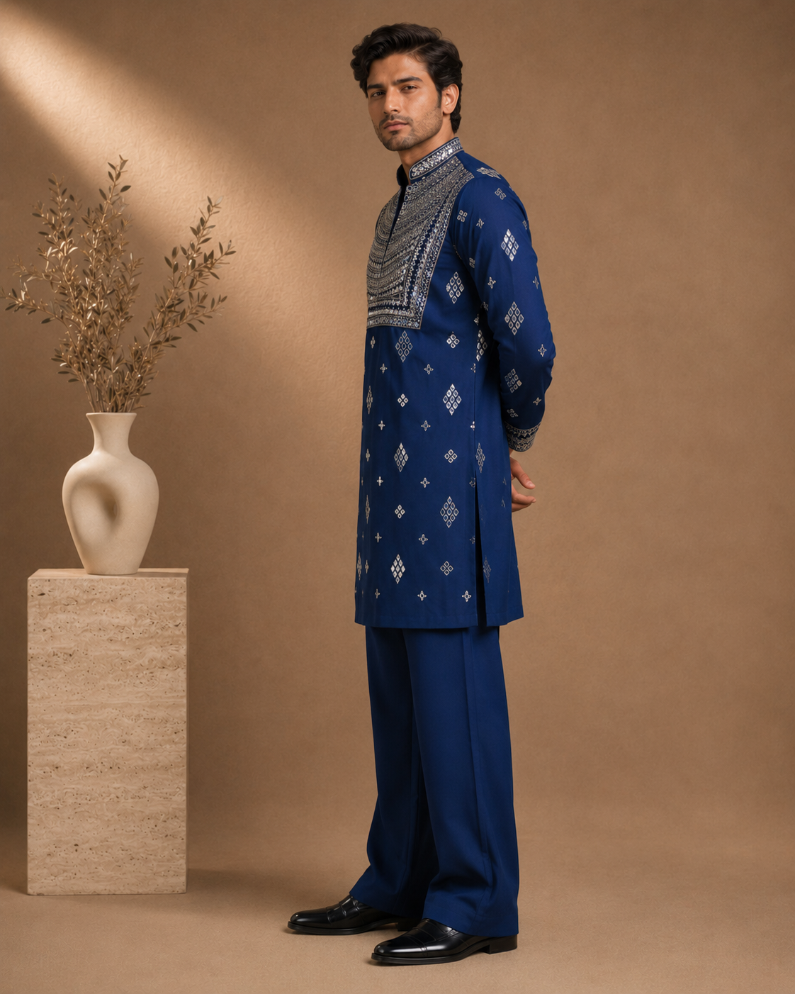 Royal Blue Heavy Mirror Work Embroidered Kurta for Men | Festive & Wedding Party Wea