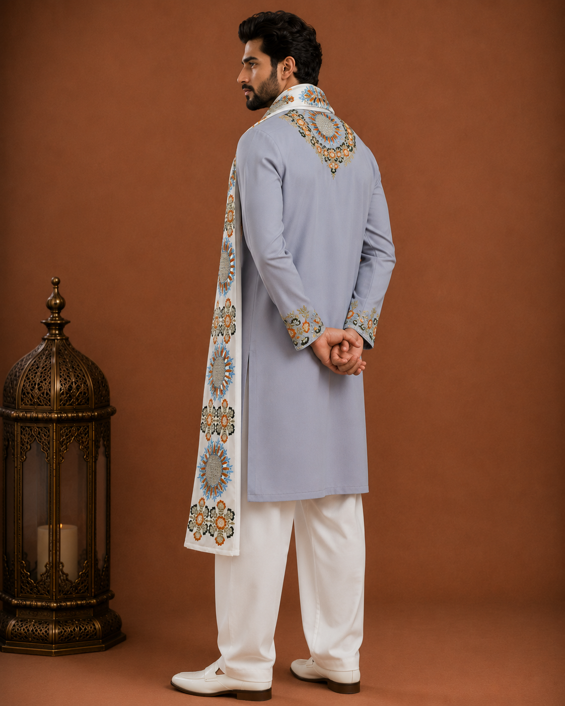 Men’s Light Blue Embroidered Kurta with Floral Stole | Premium Festive & Wedding Wear