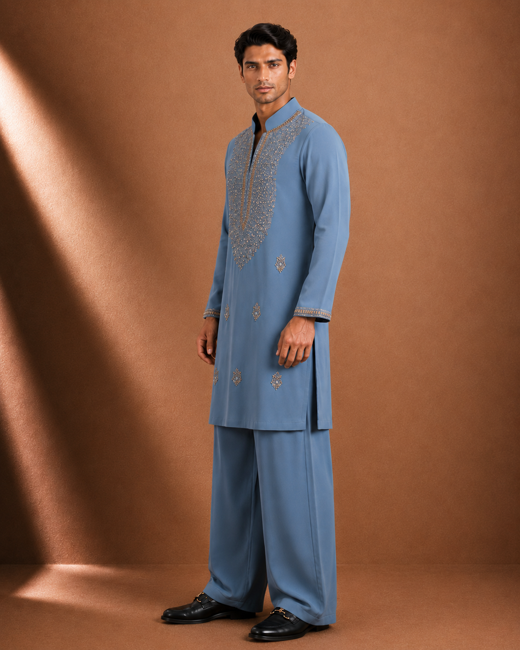 Men's Steel Blue Embellished Kurta | Premium Ethnic Wear for Festive & Wedding Occasions