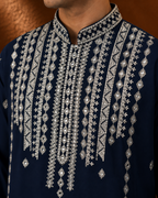 Men's Navy Blue Embroidered Kurta | Wedding & Festive Wear Ethnic Kurta