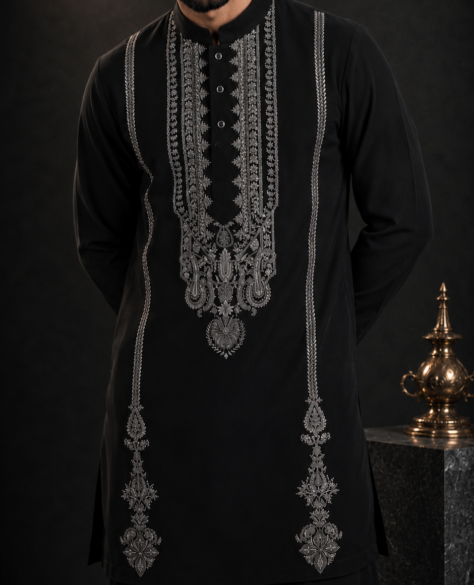 Black Embroidered Buttoned Kurta for Men | Festive & Wedding Wear