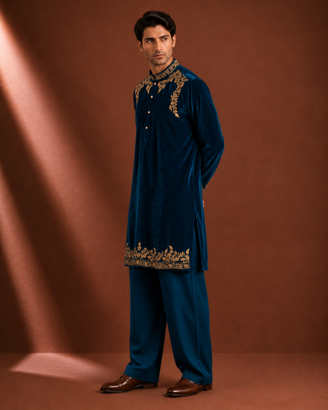 Men's Royal Blue Velvet Embroidered Kurta | Premium Wedding & Festive Ethnic Wear