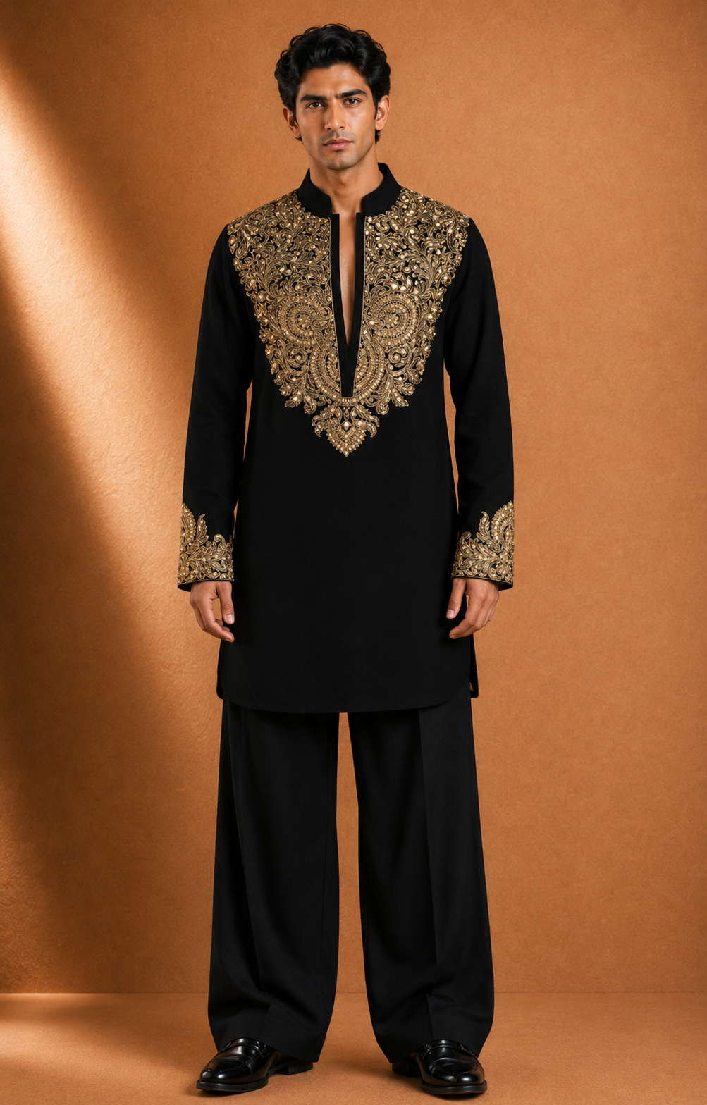 Men's Black Heavy Gold Embroidered Kurta | Premium Ethnic Wear for Festive & Wedding Occasions
