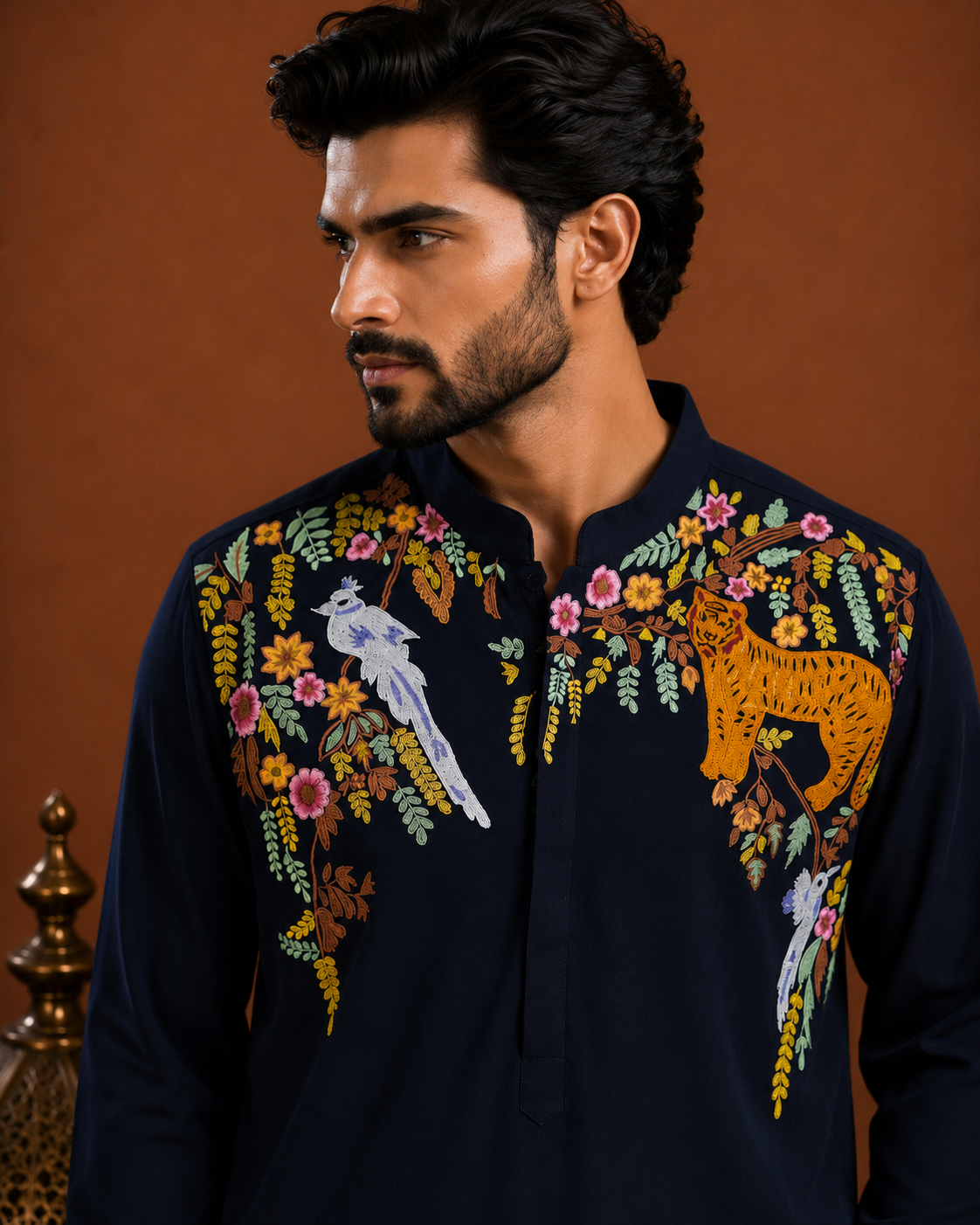 Men’s Navy Blue Embroidered Kurta | Floral & Tiger Motif Ethnic Wear