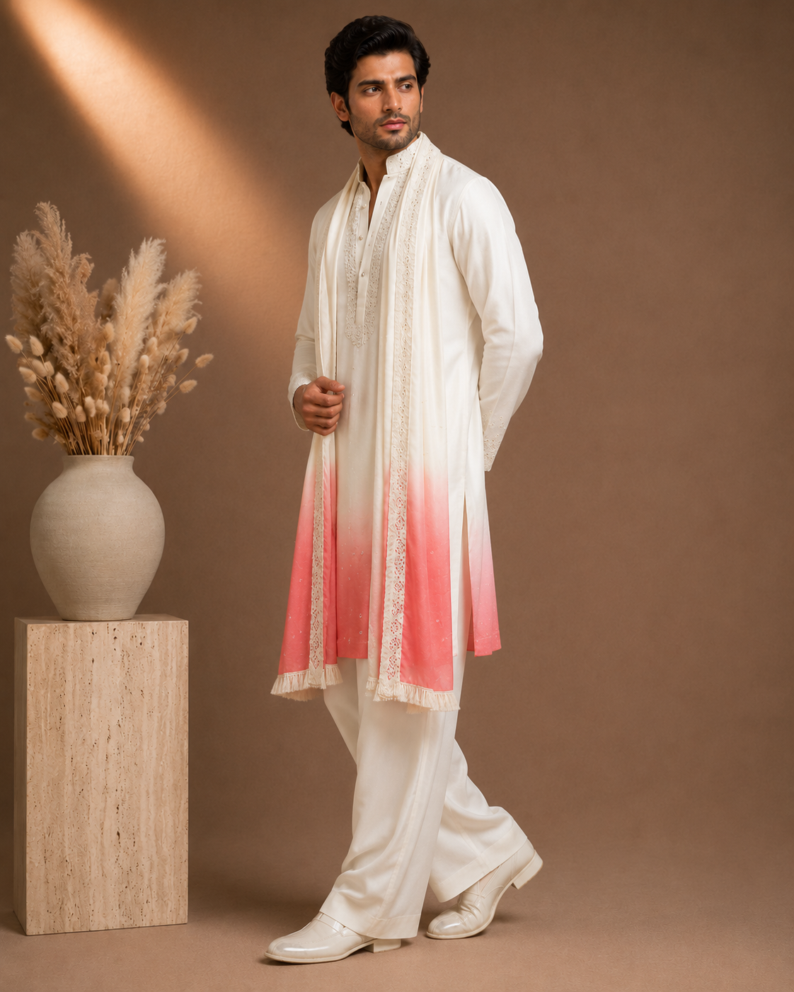 Ivory to Rose Pink Ombre Embroidered Kurta with Stole Set for Men | Festive & Wedding Wear