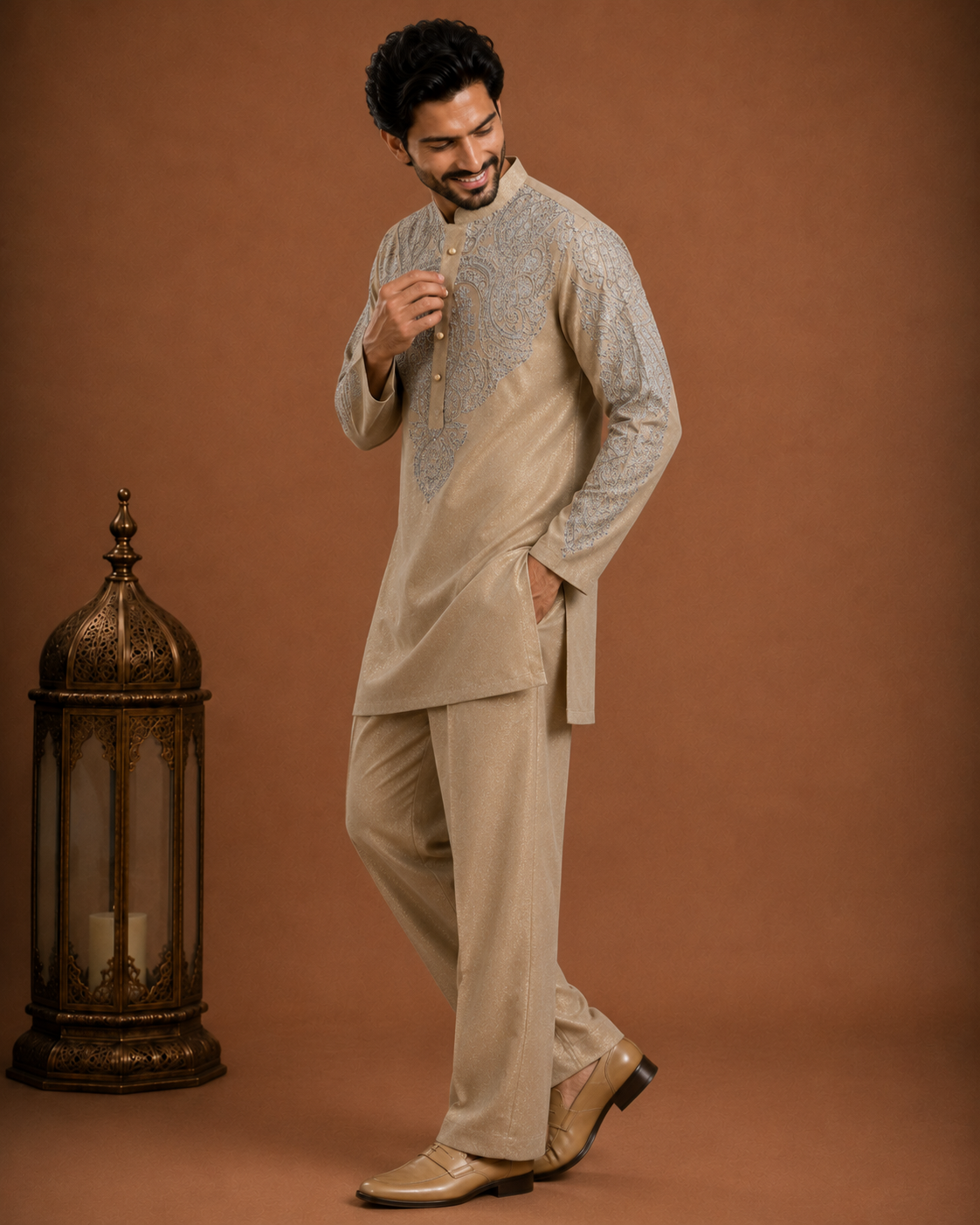 Men’s Beige Embroidered Kurta | Premium Wedding & Festive Ethnic Wear