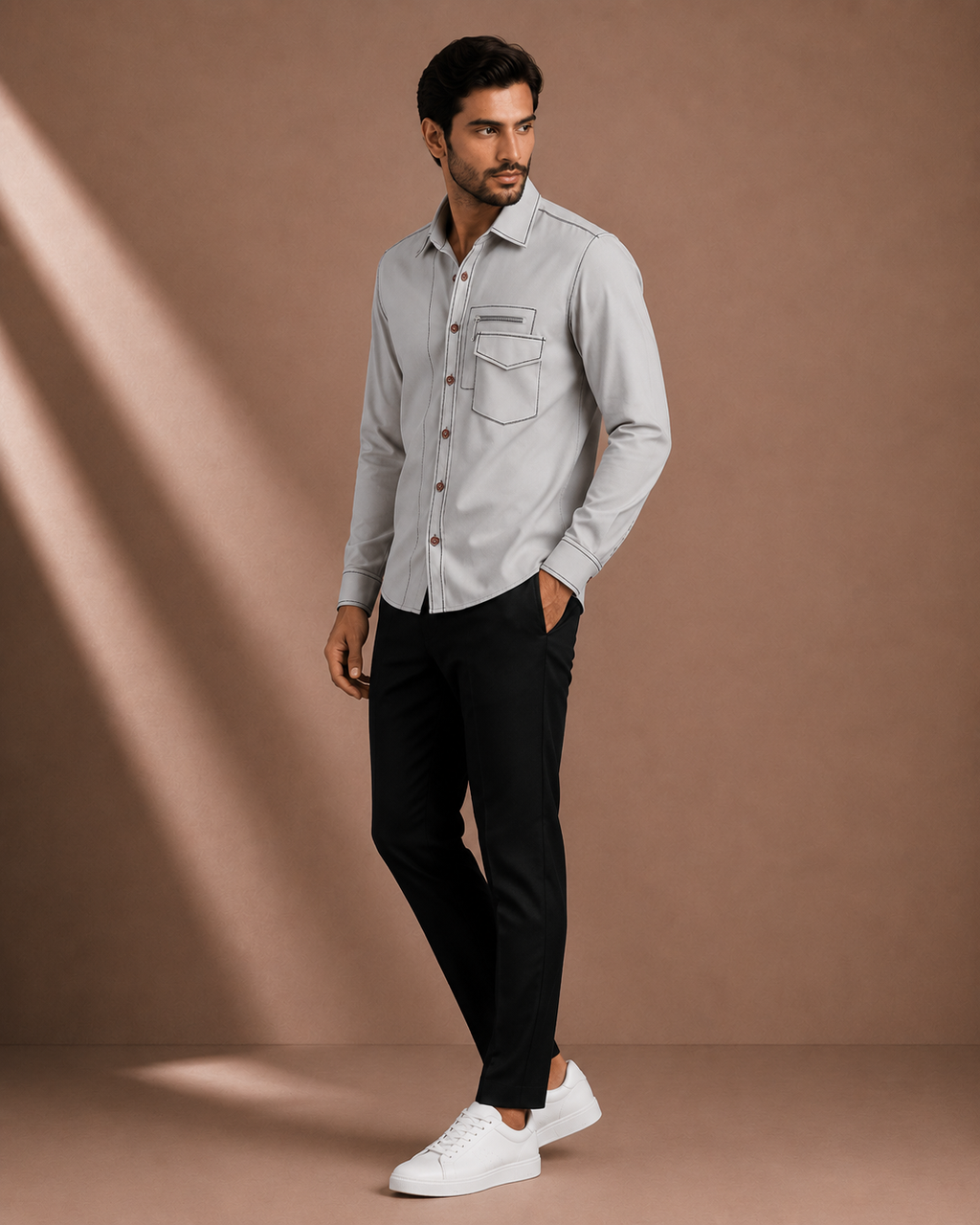 Men's Premium Light Grey Full Sleeve Shirt with Contrast Stitching & Utility Pocket