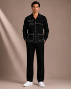 Men's Black Contrast Stitch Utility Overshirt | Premium Full Sleeve Button-Down Casual Shirt Jacket