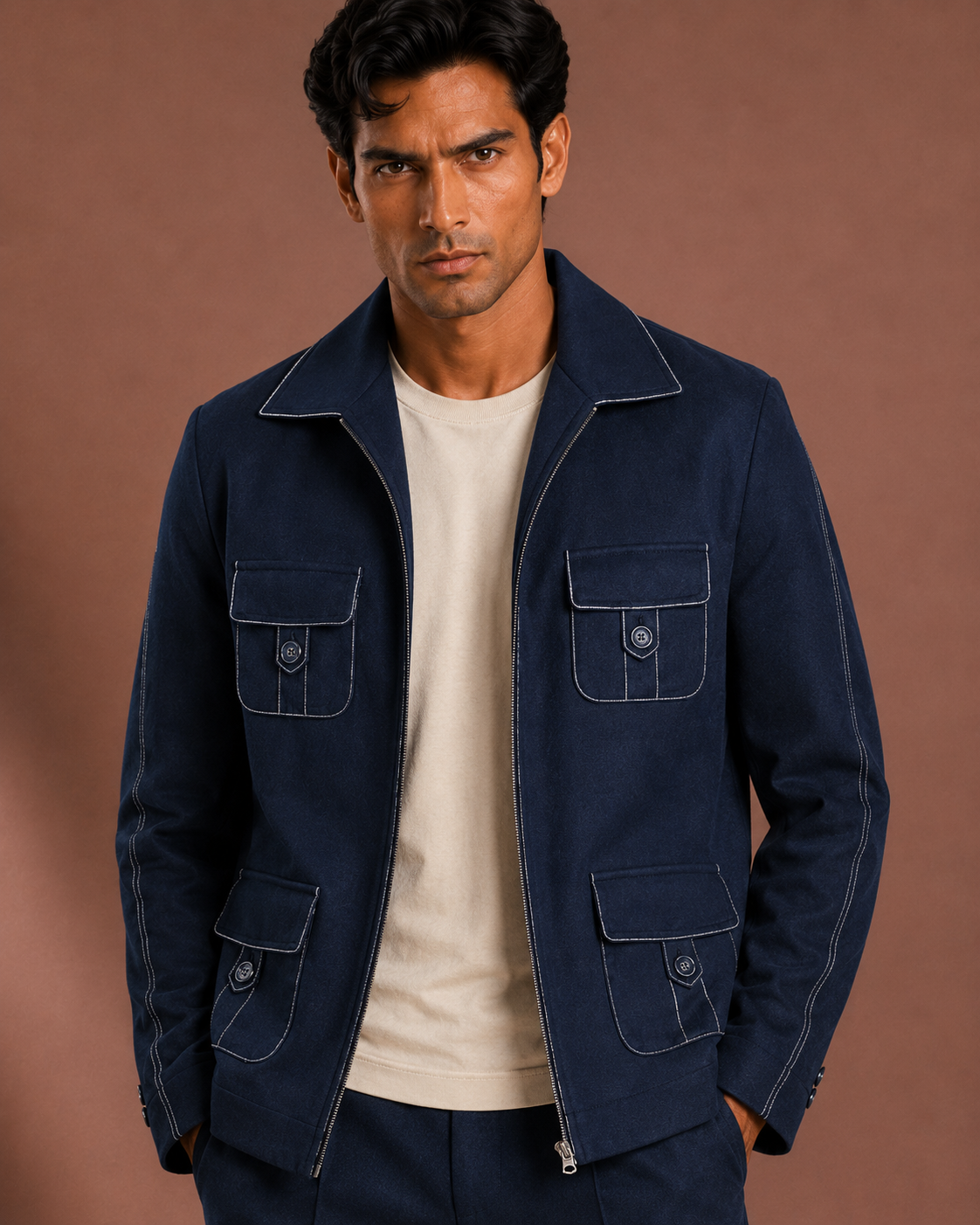 Men's Premium Navy Blue Utility Bomber Jacket | Regular Fit Zip-Up Casual Jacket